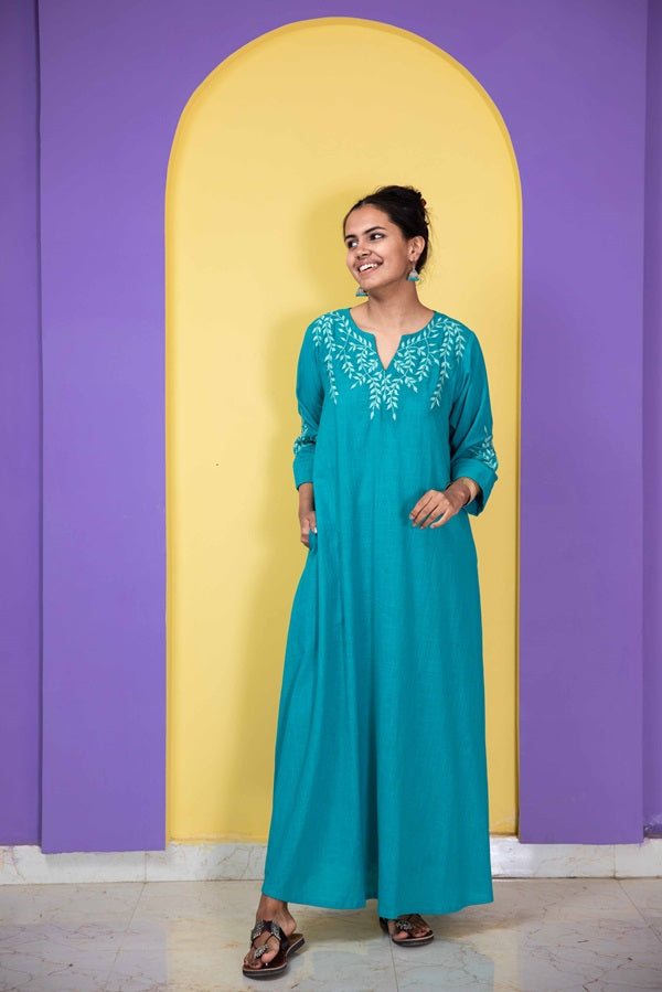 Turquoise Blue Embroidered Night Dress