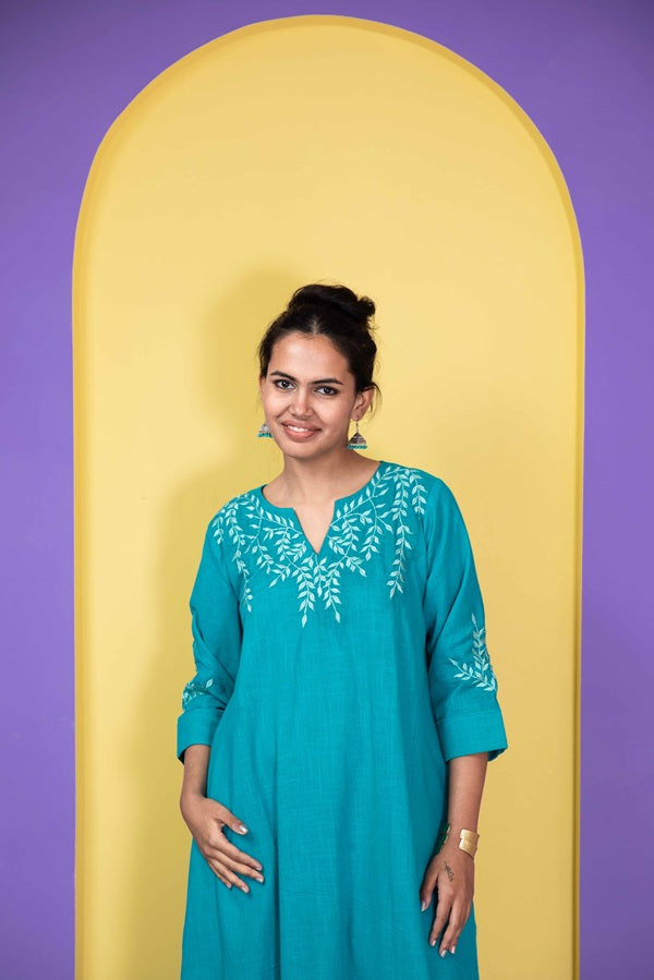 Turquoise Blue Embroidered Night Dress