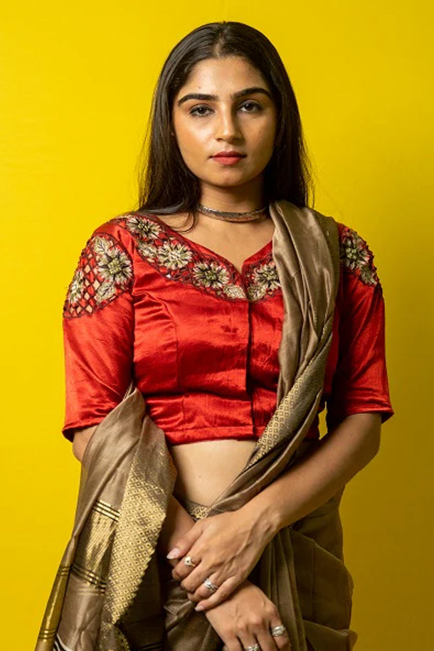 Cocktail Red Embroidered Silk Blouse