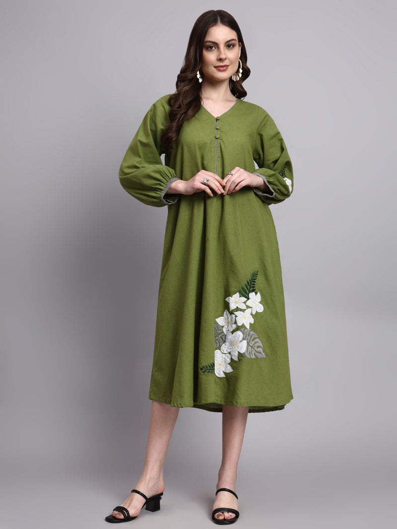 Avni Olive Embroidered Dress