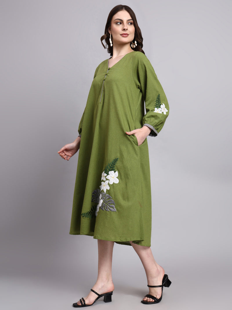 Avni Olive Embroidered Dress