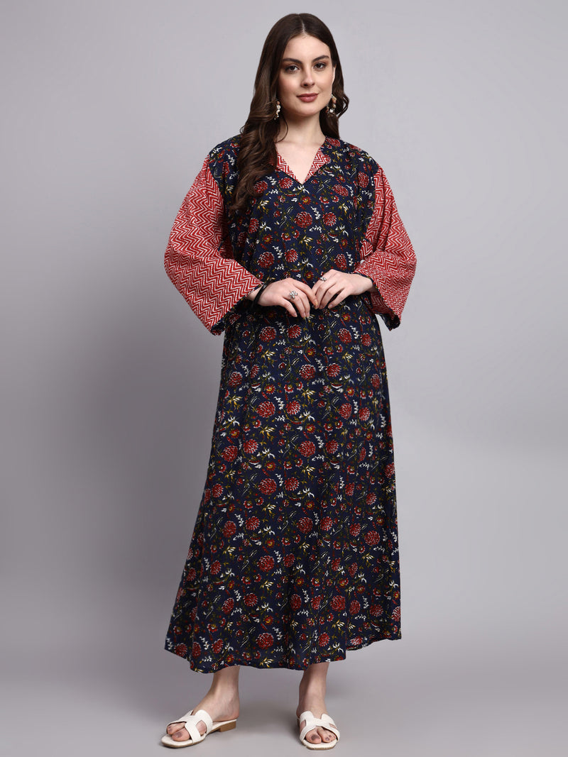 Meher Blue Floral Cotton Kaftan Style Nighty