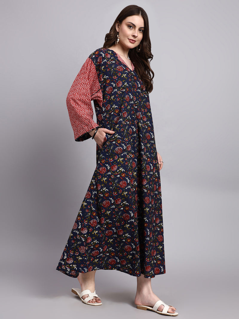 Meher Blue Floral Cotton Kaftan Style Nighty