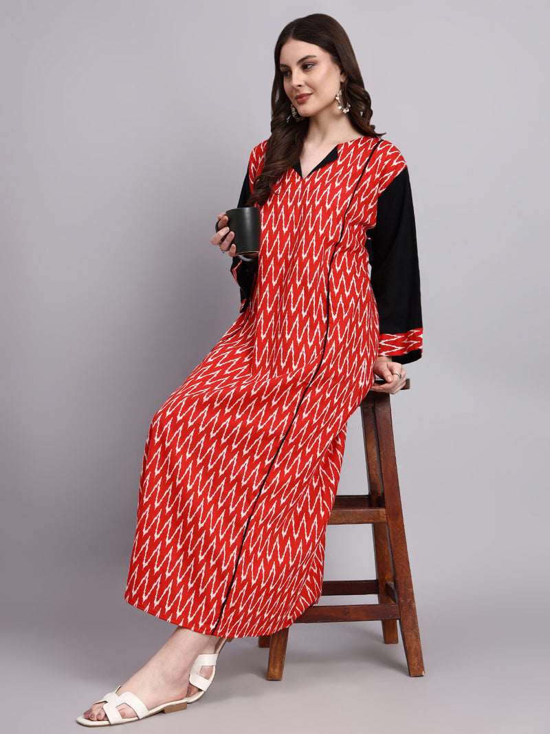 Aarohi Red Ikat Cotton Kaftan Style Nighty
