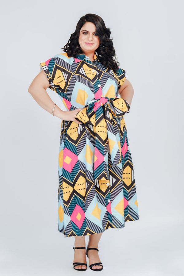 Multicoloured Geometric Flared Bow Dress