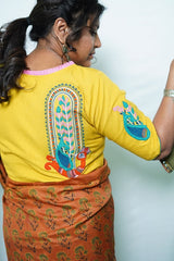 Yellow Peacock Applique Embroidery Cotton Blouse  - thesaffronsaga