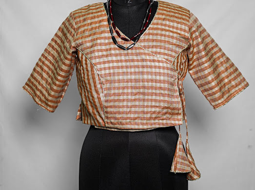 Beige Rust Striped Tussar Silk Overlap Crop Top Blouse