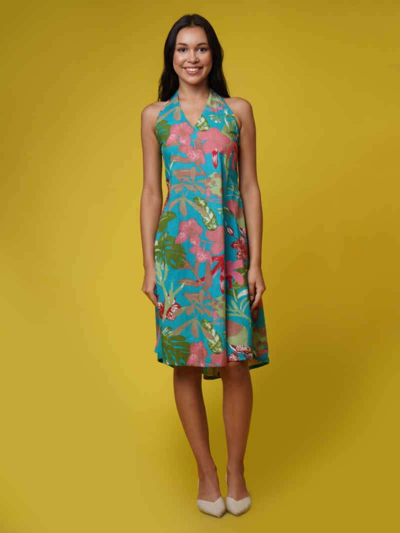 Isla By The Bay - Turquoise blue Tropical Halter Neck dress