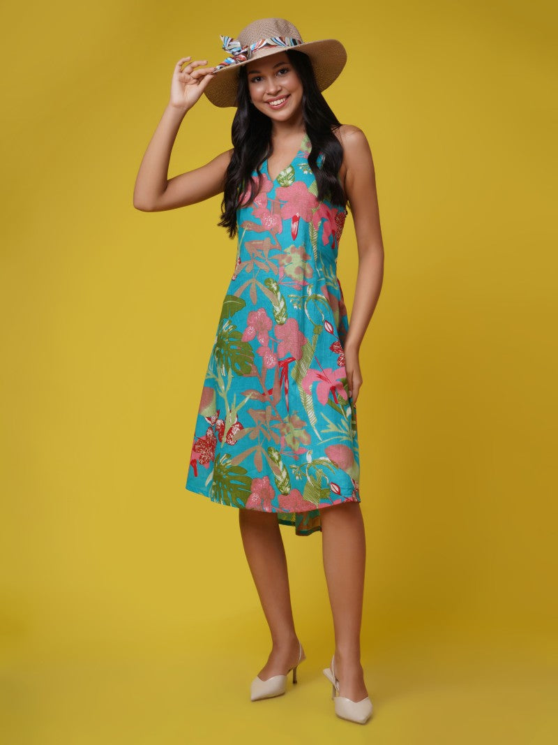 Isla By The Bay - Turquoise blue Tropical Halter Neck dress