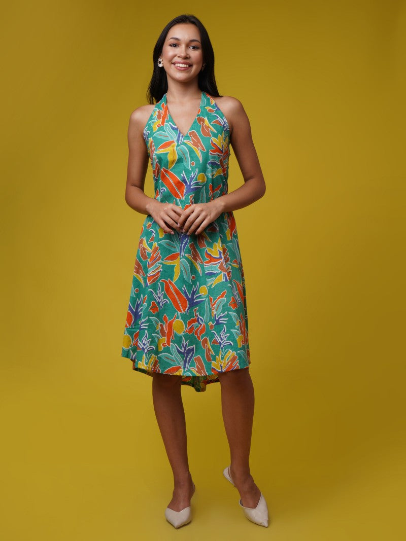 Maya in Bloom - Green Tropical Halter Neck dress