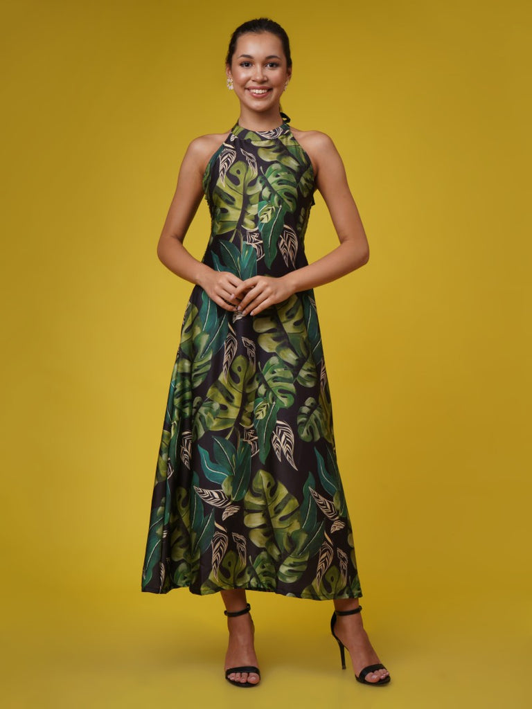 Black Green Muslin Tropical Halter Dress thesaffronsaga Black Green Muslin Tropical Halter Dress thesaffronsaga