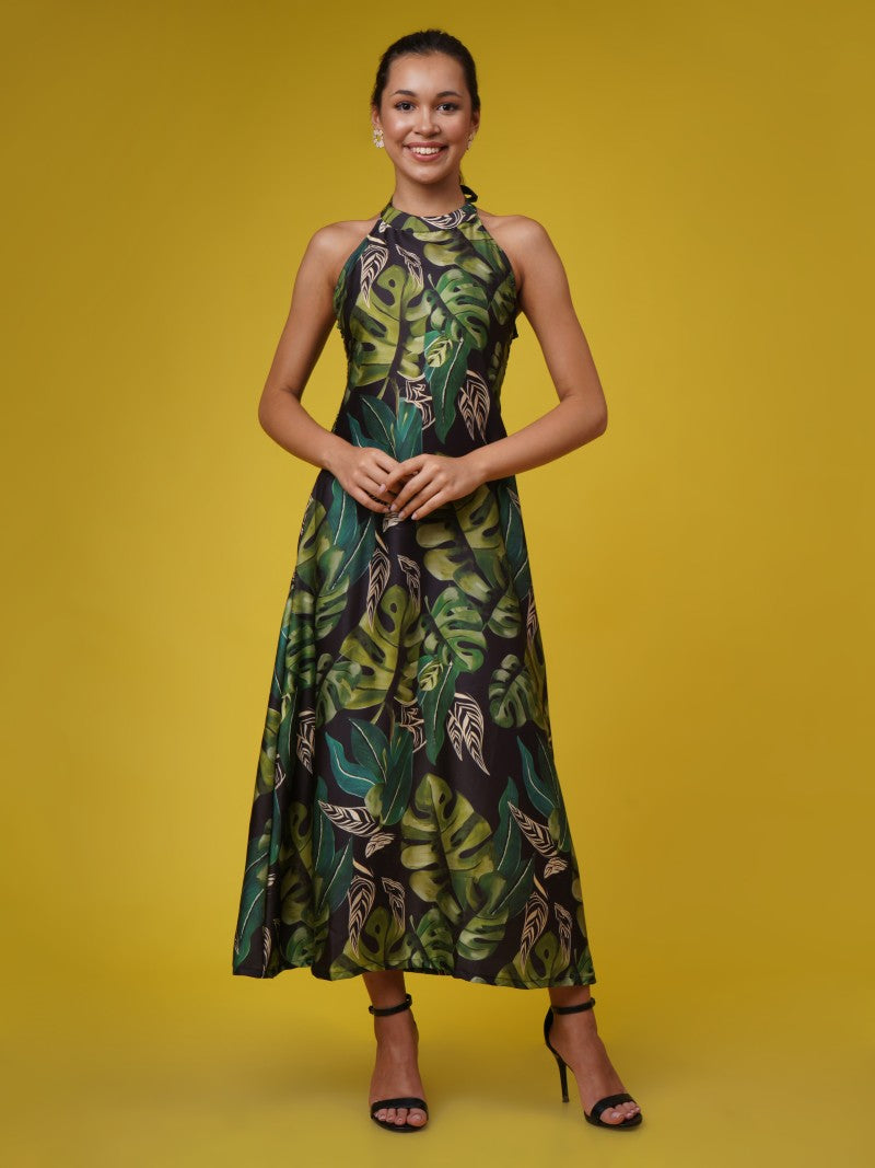 Black Green Muslin Tropical Halter Dress