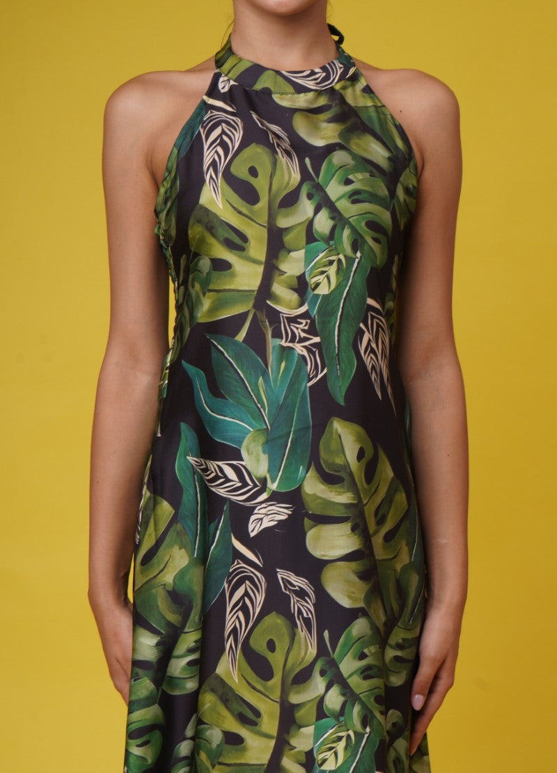 Black Green Muslin Tropical Halter Dress