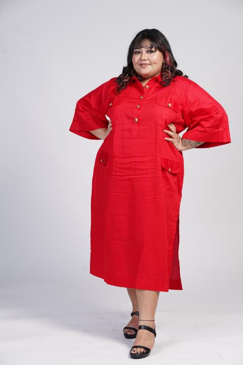 Red Calf Length Shirt Dress