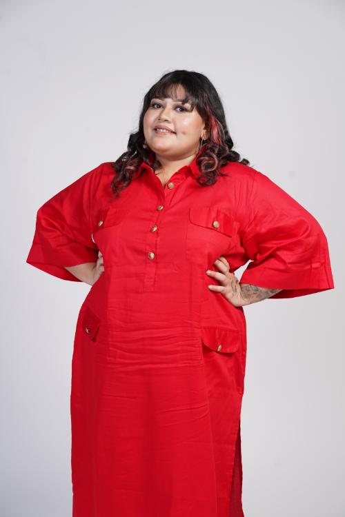Red Calf Length Shirt Dress