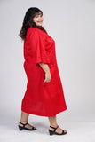 Red Calf Length Shirt Dress