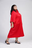 Red Calf Length Shirt Dress