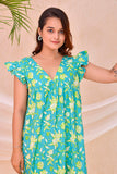 Turquoise Green Floral Print  Kafty Lounge Dress