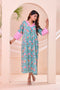 Cyan Blue Pink Floral Block Print  Kaftan Style Nighty Dress