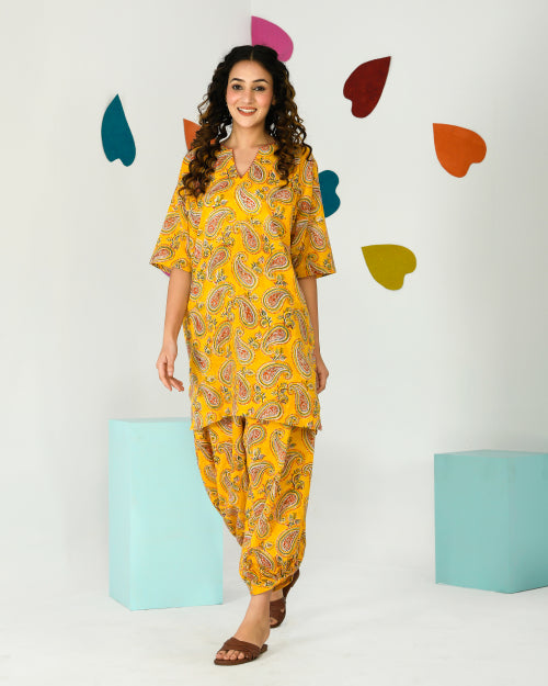 Yellow Paisley Printed Hand Embroidered Coord Set