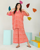 Tomato Red Pink Print Embroidered Coord Set