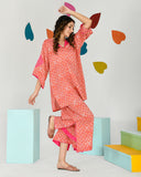 Tomato Red Pink Print Embroidered Coord Set