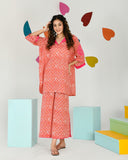 Tomato Red Pink Print Embroidered Coord Set