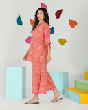 Tomato Red Pink Print Embroidered Coord Set