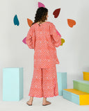 Tomato Red Pink Print Embroidered Coord Set
