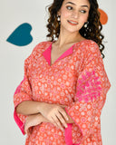 Tomato Red Pink Print Embroidered Coord Set