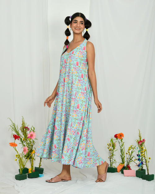 Blue Floral Halter Sleeveless Mid Length Nighty Dress