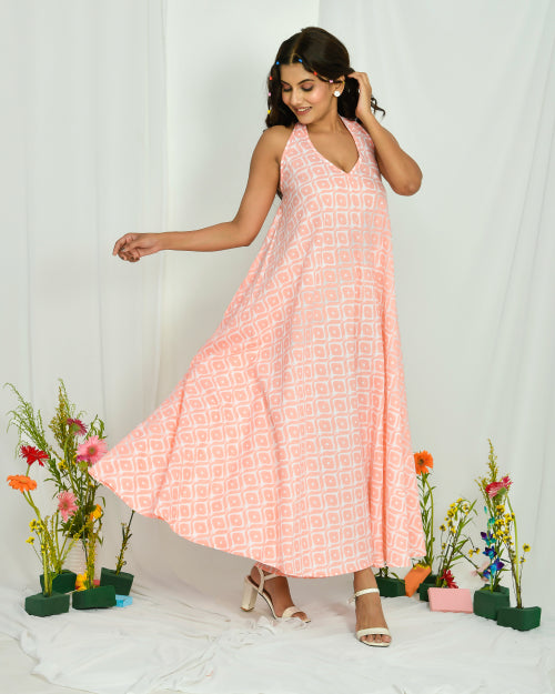Peach Halter Sleeveless Mid Length Nighty Dress