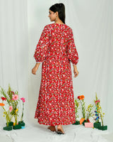 Red Floral Block Print Cotton Kaftan Style Nighty