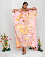 Pink Yellow Marble Print Modal Silk Kaftan