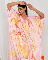 Pink Yellow Marble Print Modal Silk Kaftan