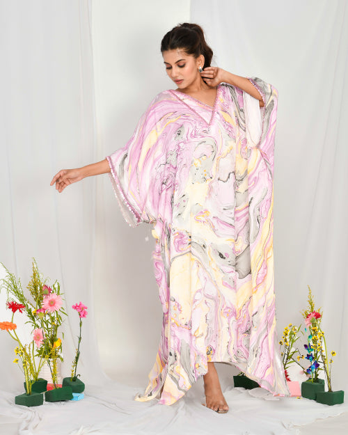 Lilac Mauve Marble Print Modal Silk Kaftan Dress