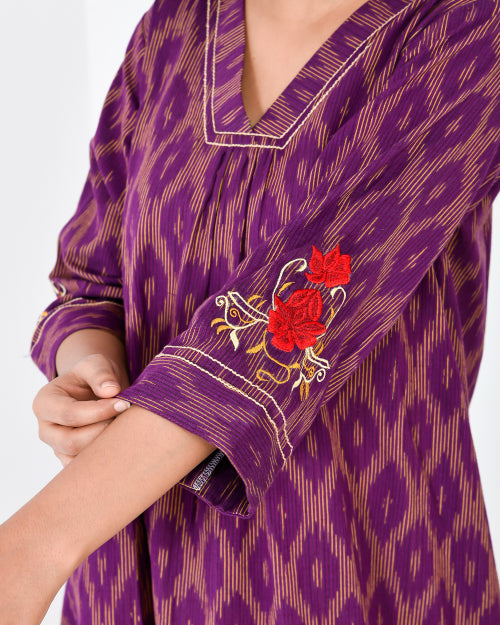 Purple Ikkat Embroidered Kaftan Style Nighty