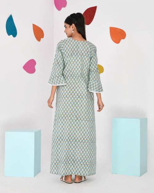 Ice Blue Floral Block Print Cotton Kaftan Style Nighty  thesaffronsaga