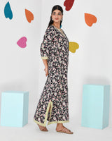 Black Floral Embroidered Cotton Kaftan Style Nighty