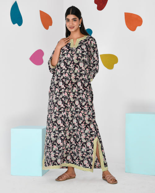 Black Floral Embroidered Cotton Kaftan Style Nighty