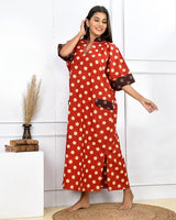 Red White Polka Hand Block Printed Kaftan Dress With Tote Bag