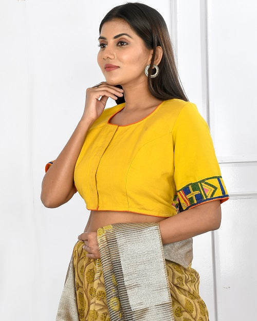 Yellow Kantha Embroidery Cotton Blouse