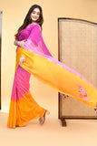 Elegant Mul Cotton Pink-Yellow Ombre Embroidered Saree Blouse Set