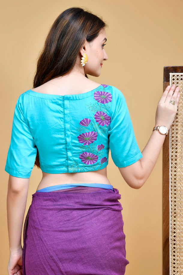 Turquoise Blue Cotton Blouse with Floral Embroidery