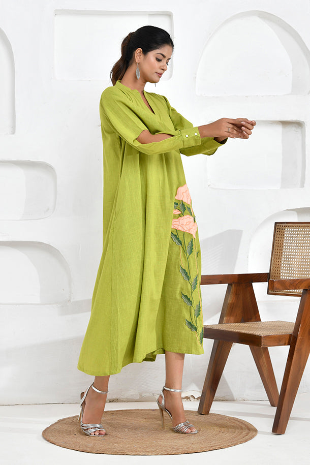 Lime Green Floral Embroidery Shirt Dress1