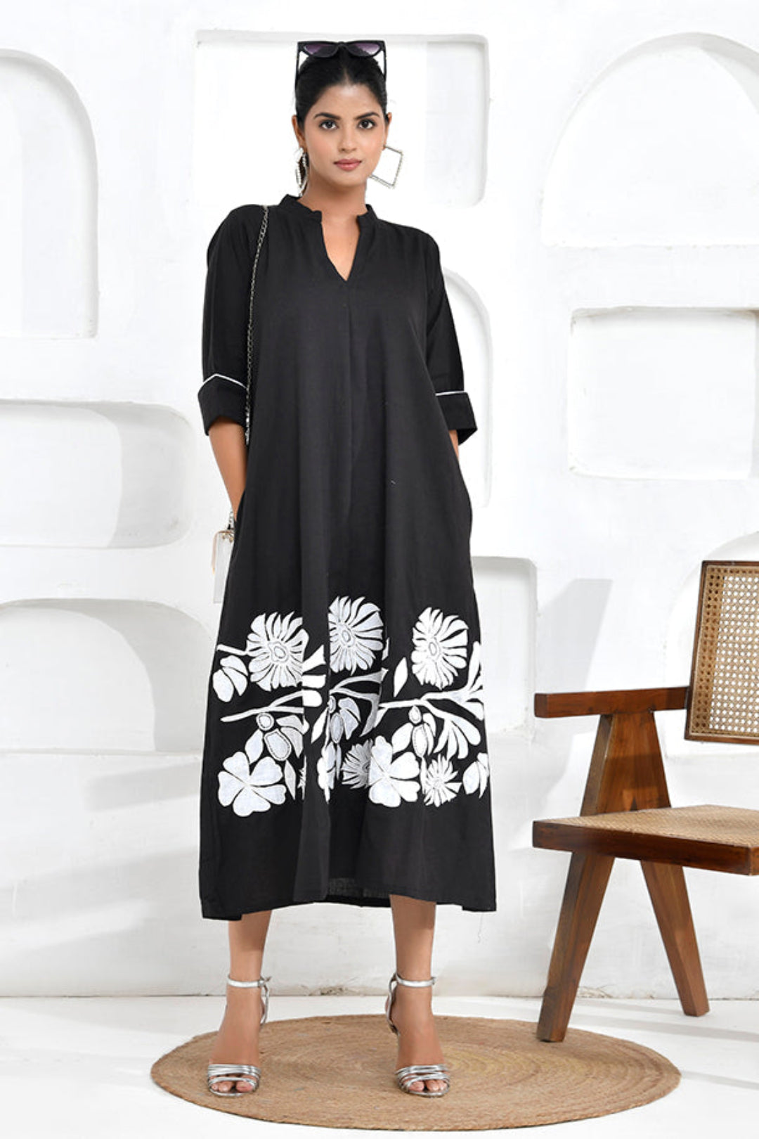 Bold Black Floral Embroidered Shirt Dress – thesaffronsaga