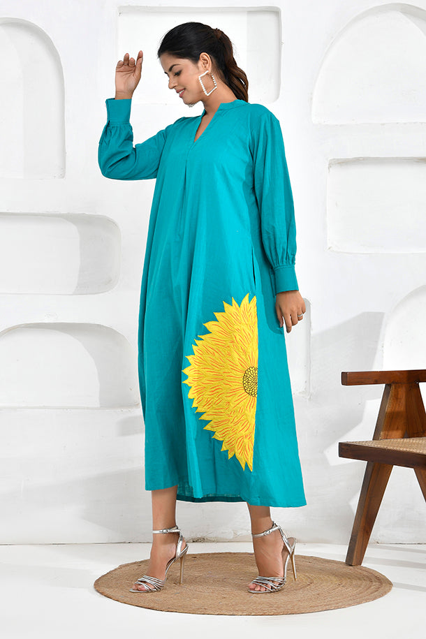 Turquoise Sunflower Embroidery Shirt Dress thesaffronsaga Turquoise Sunflower Embroidery Shirt Dress thesaffronsaga