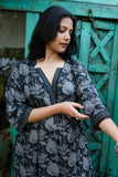 Noor Lotus Block-Print Soft Cotton Kaftan Night Dress – Charcoal Grey
