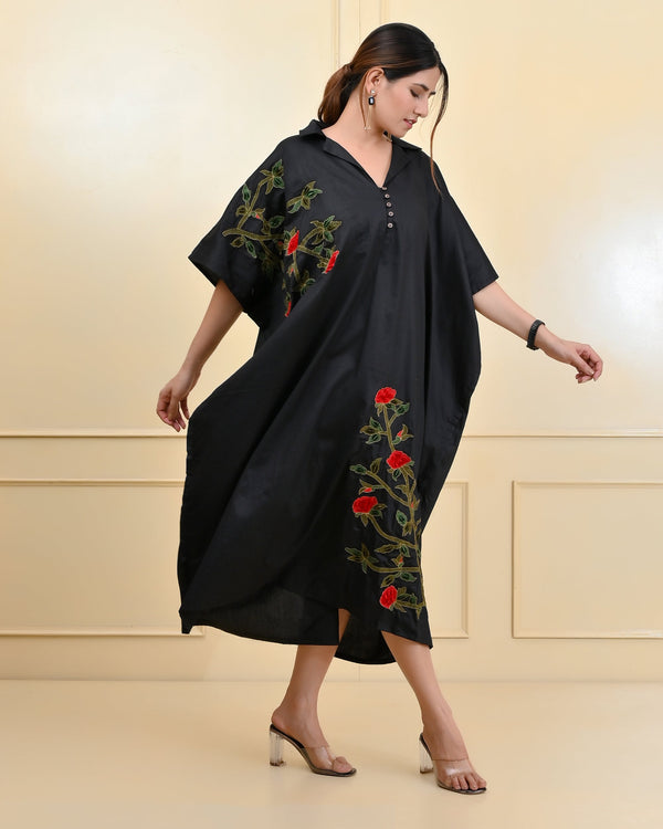 Black With Red Rose Embroidery Luxury Kaftan