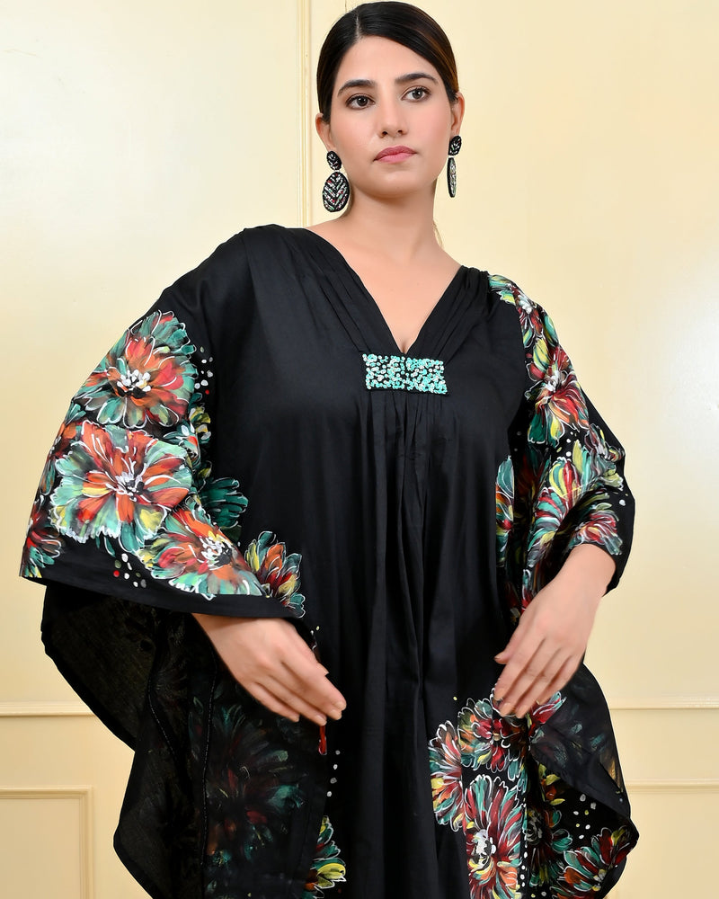 Black Floral Handpainted Designer Luxury Kaftan